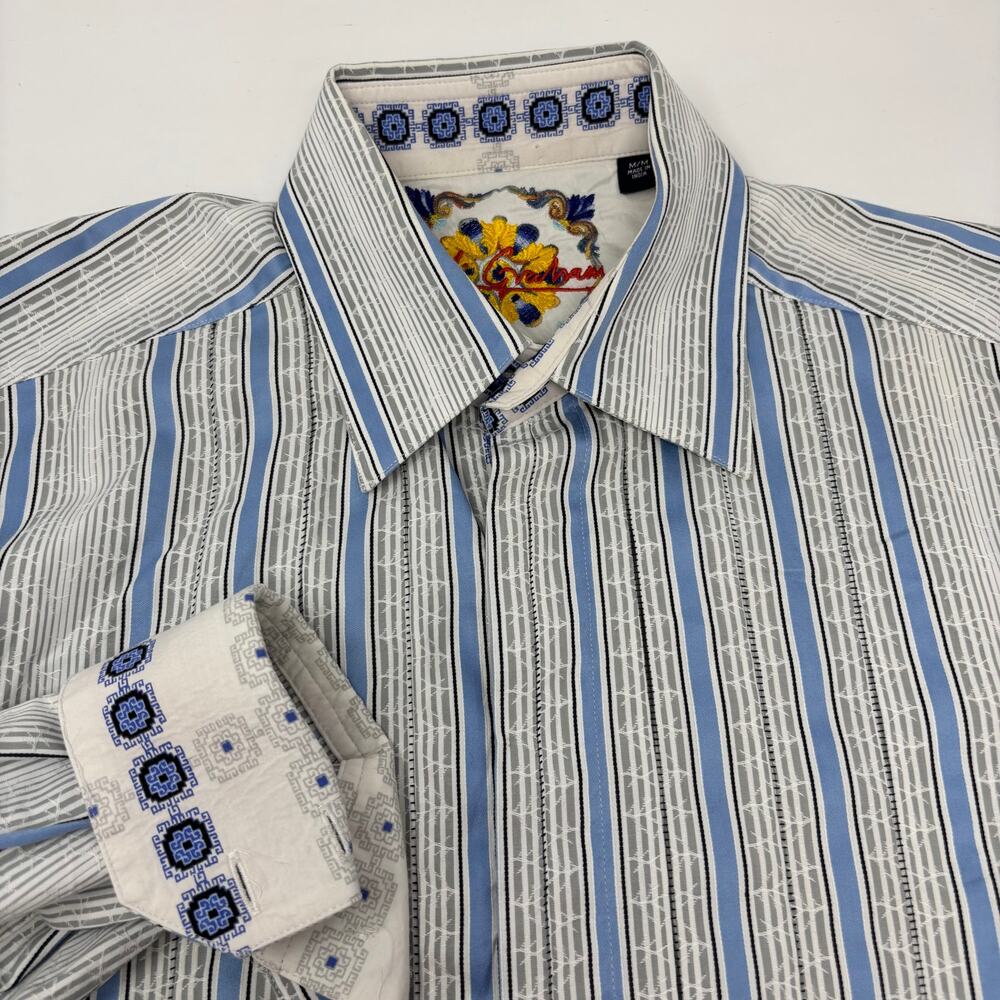 Robert‎ Graham Medium Blue Gray Striped Flip Cuff Long Sleeve Button Up Shirt
